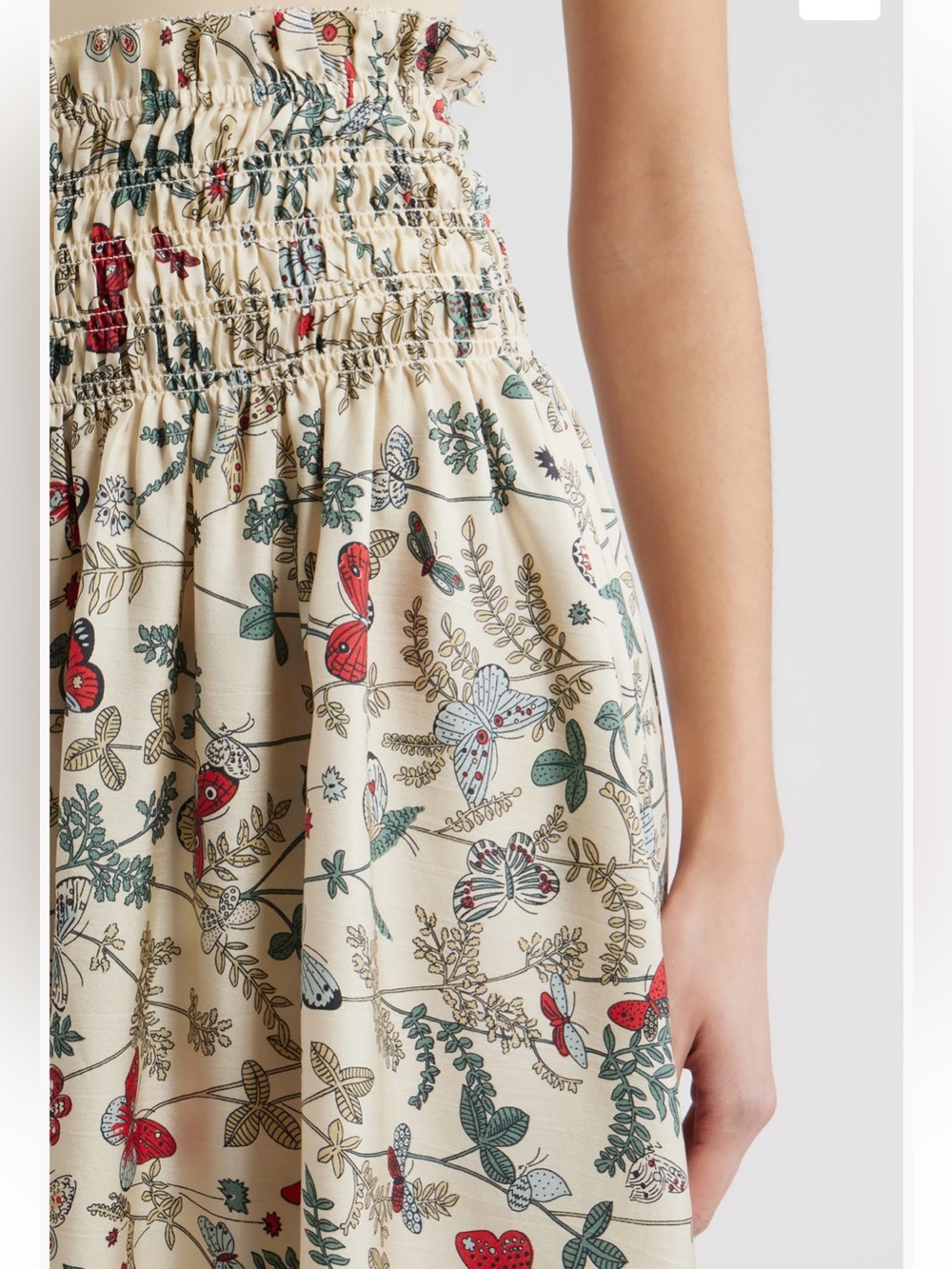 THE GREAT. Smocked-Waist Maxi Skirt in Cream with Red & Green Floral Print M - Picture 4 of 6